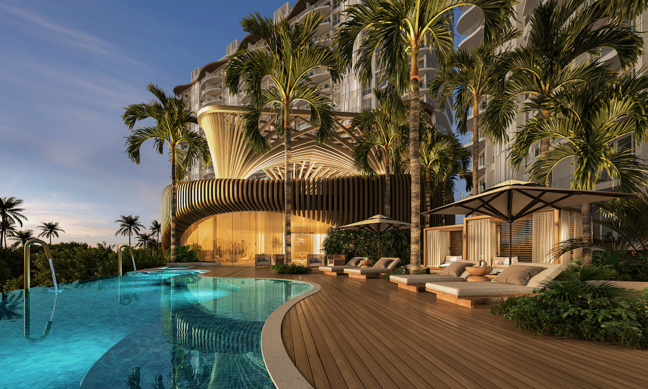 Alberca con cabañas privadas, palmeras y arquitectura orgánica al atardecer