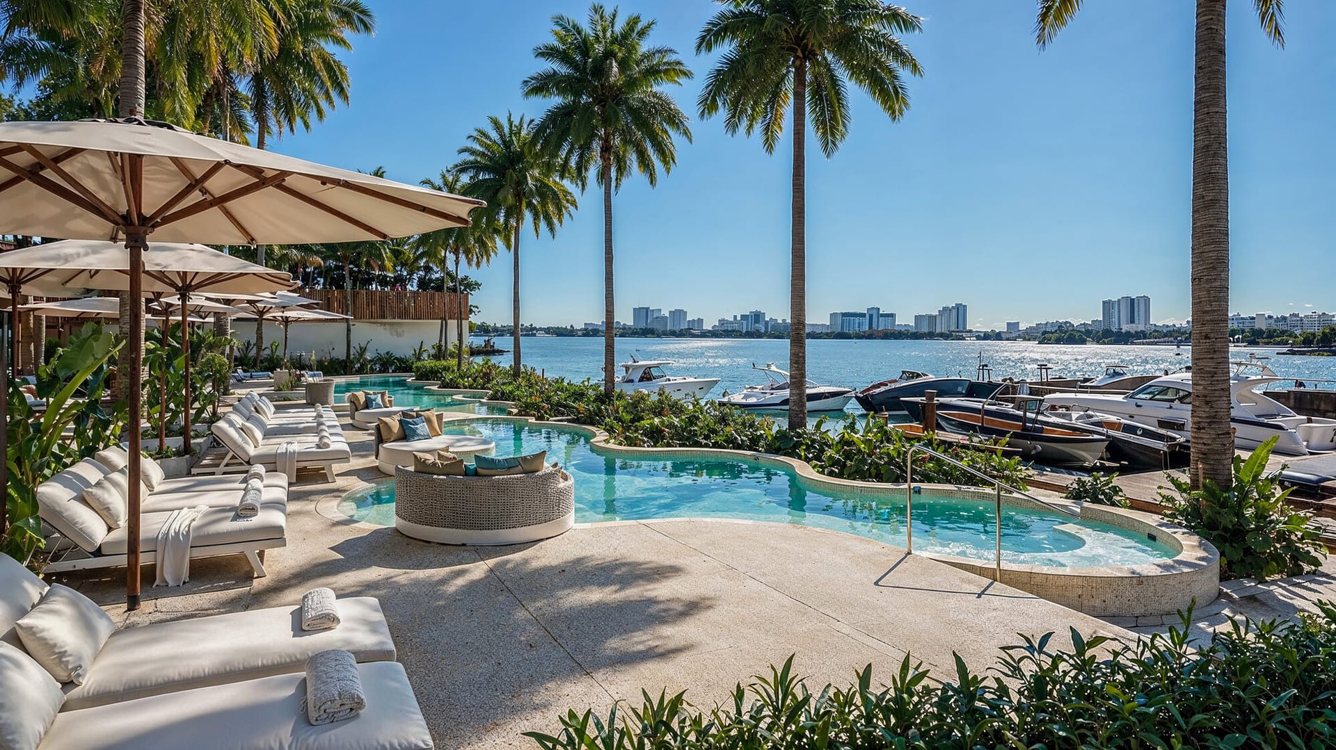Vista aérea de la marina privada de One Laguna con embarcaciones y Laguna Nichupté