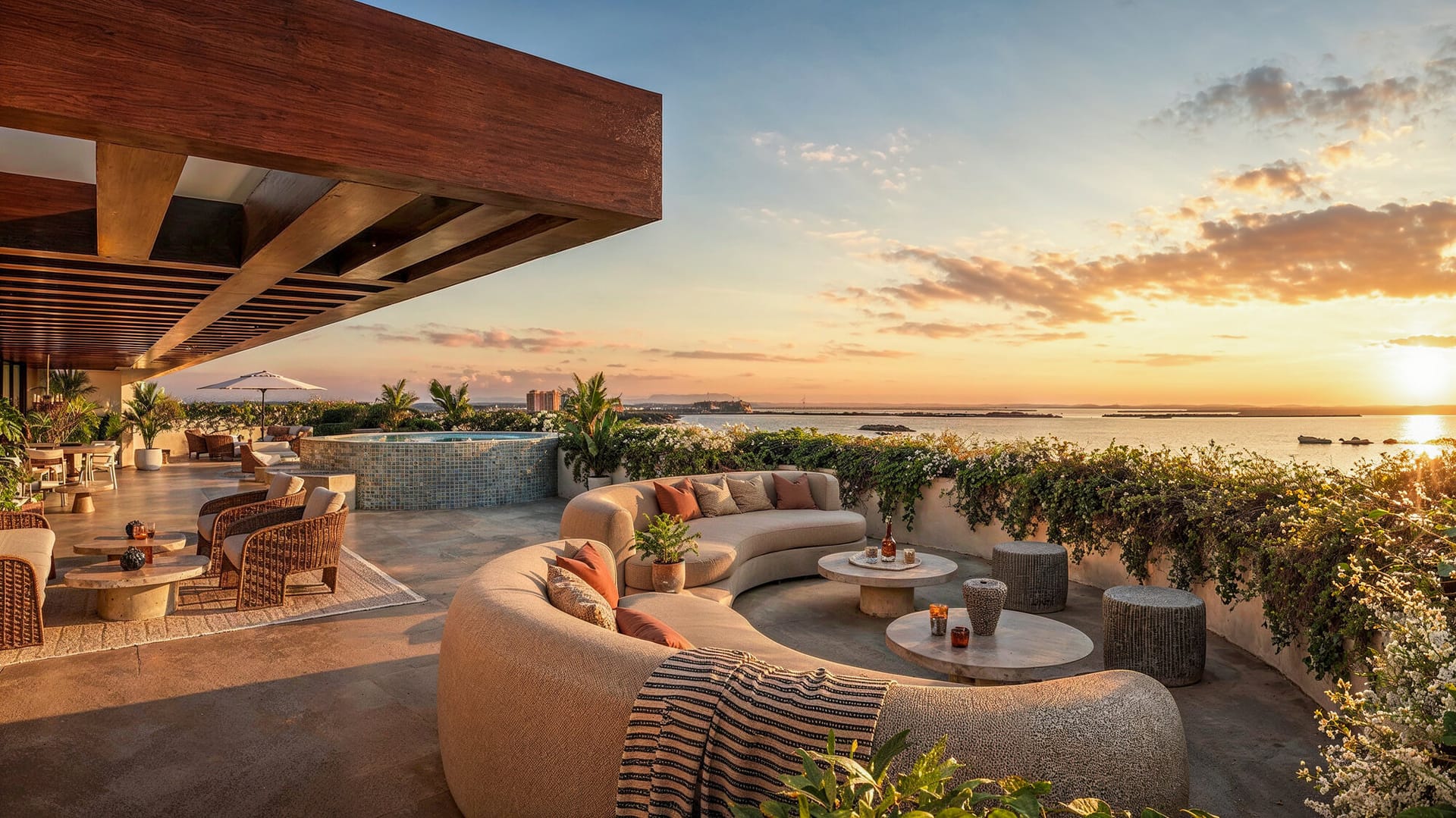Terraza panorámica de One Laguna al atardecer con vista a la Laguna Nichupté y el horizonte del Caribe